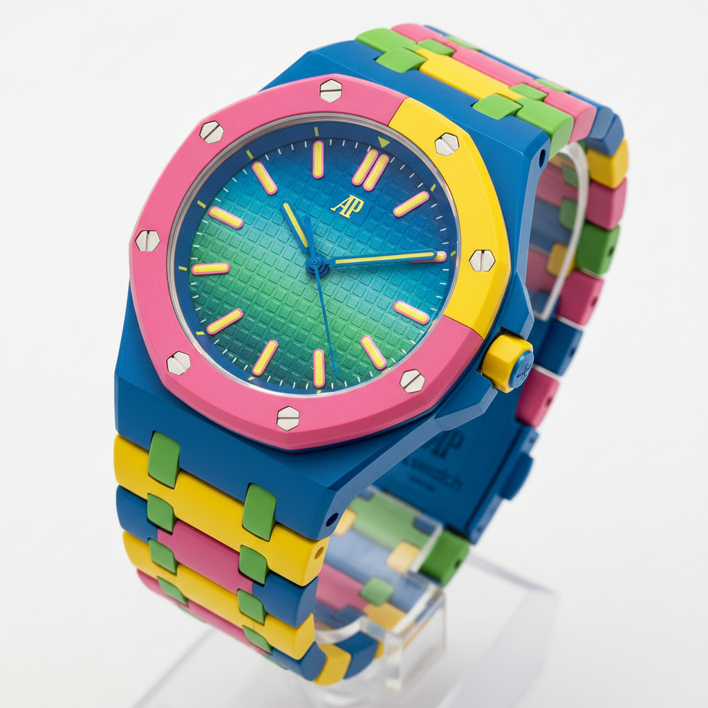 Audemars Piguet x Swatch OTG ROZ multicolor luxury watch in pink yellow blue and green